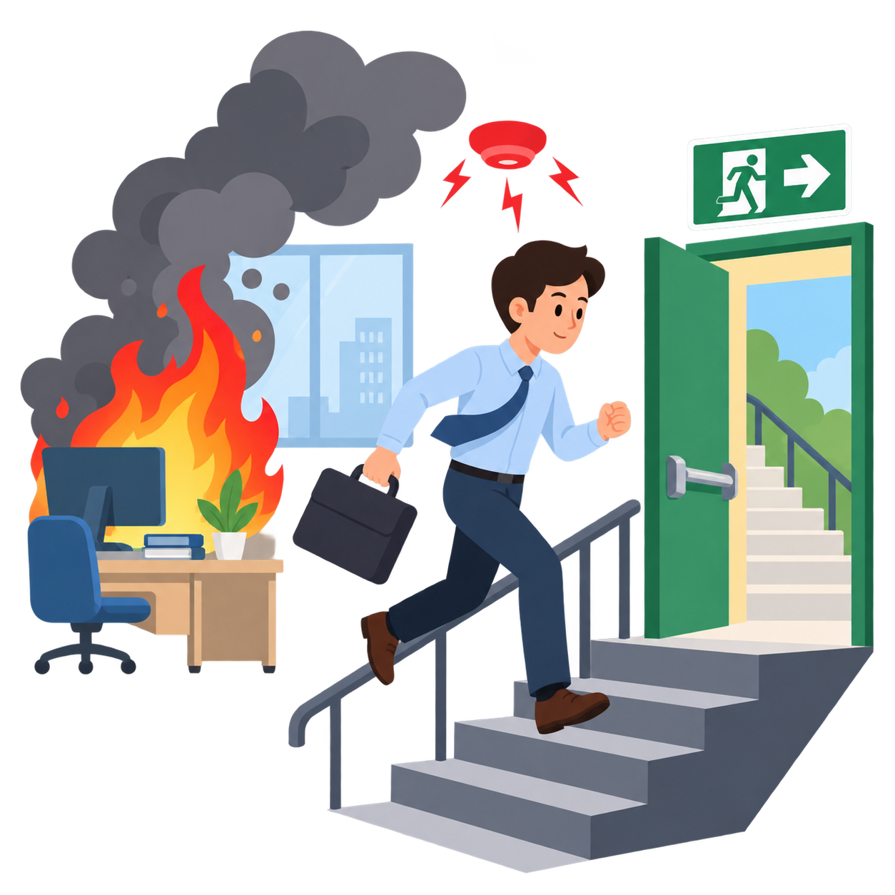 Illustration of a fire emergency and a worker leaving by the stairs